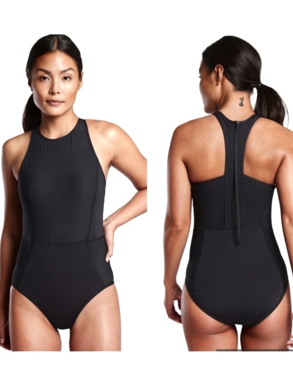 Athleta Cross Train Black One Piece Swimsuit Racerback Zipper Leash Pull Cord L - Picture 16 of 16
